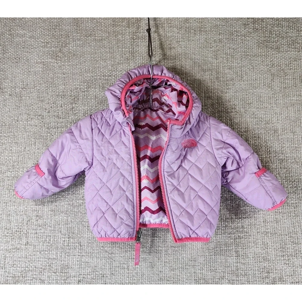 The North Face Reversible Hooded Puffer Jacket Infant 3-6mo Purple Zig-Zag Bears